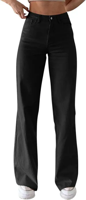 YOLAI Women Casual Solid Color Jeans Trousers Loose High Waist Straight Pants Casual Denim Pants