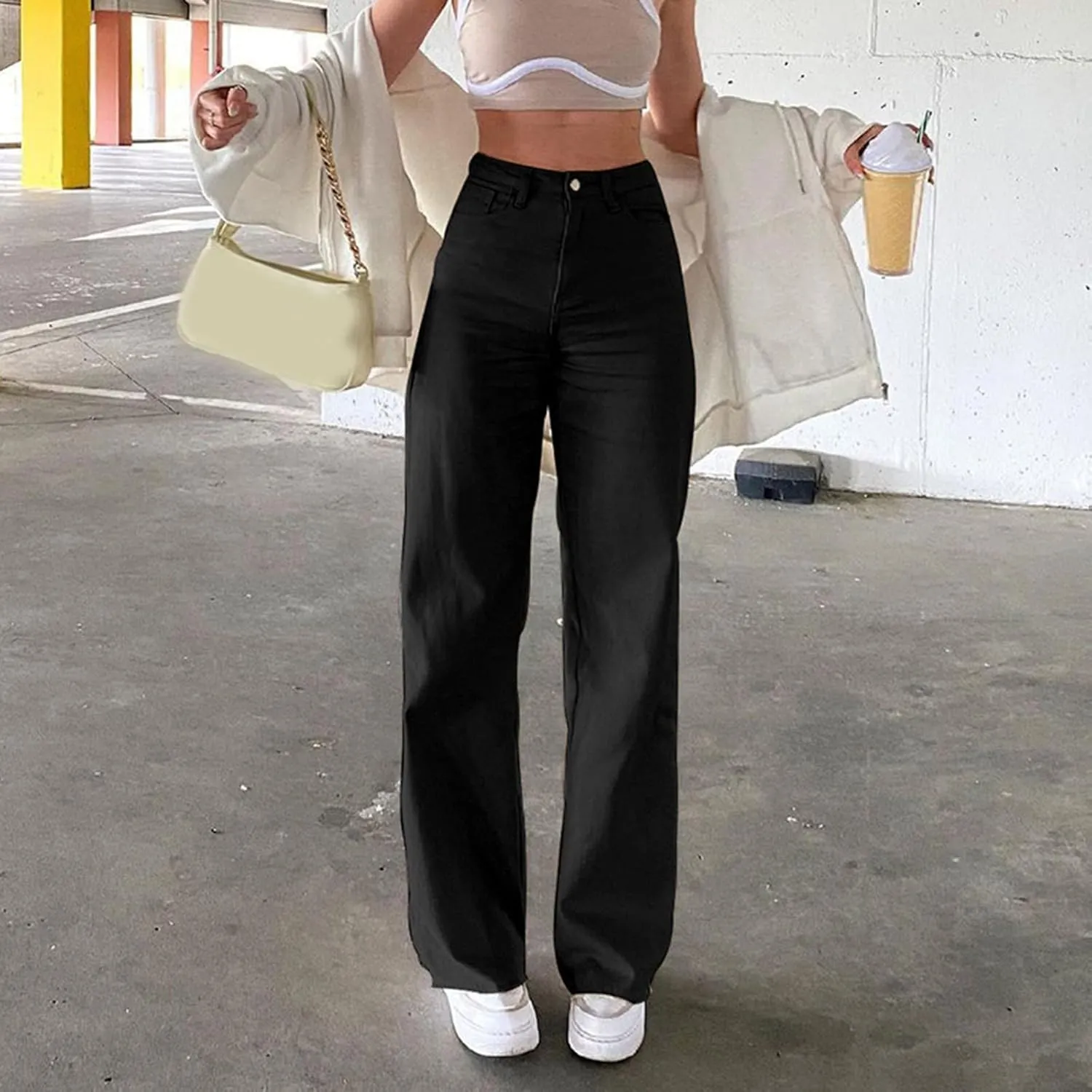 YOLAI Women Casual Solid Color Jeans Trousers Loose High Waist Straight Pants Casual Denim Pants