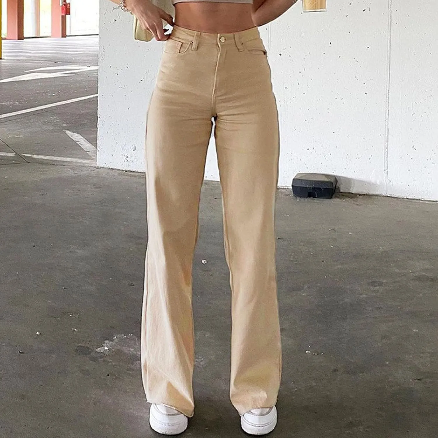 YOLAI Women Casual Solid Color Jeans Trousers Loose High Waist Straight Pants Casual Denim Pants
