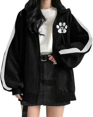 YOMXL Women's Y2K Vintage Graphic Zip Up Hoodie Oversized Casual Drawstring Hoodie E-Girl 90s Streetwear Jacket Tracksuit