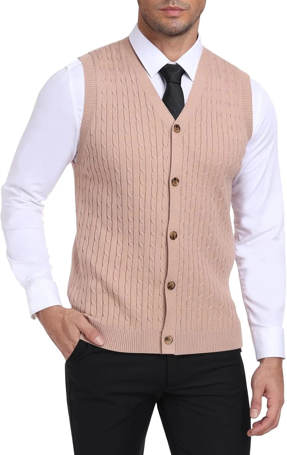 YTD Men's Sleeveless Sweater Vest V-Neck Casual Cable Knit Button Down Cardigan Vest