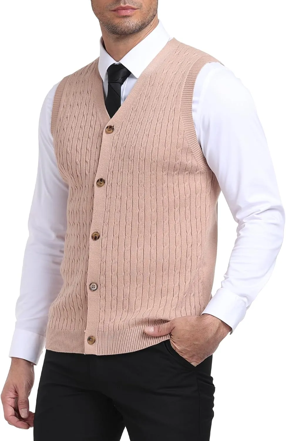 YTD Men's Sleeveless Sweater Vest V-Neck Casual Cable Knit Button Down Cardigan Vest