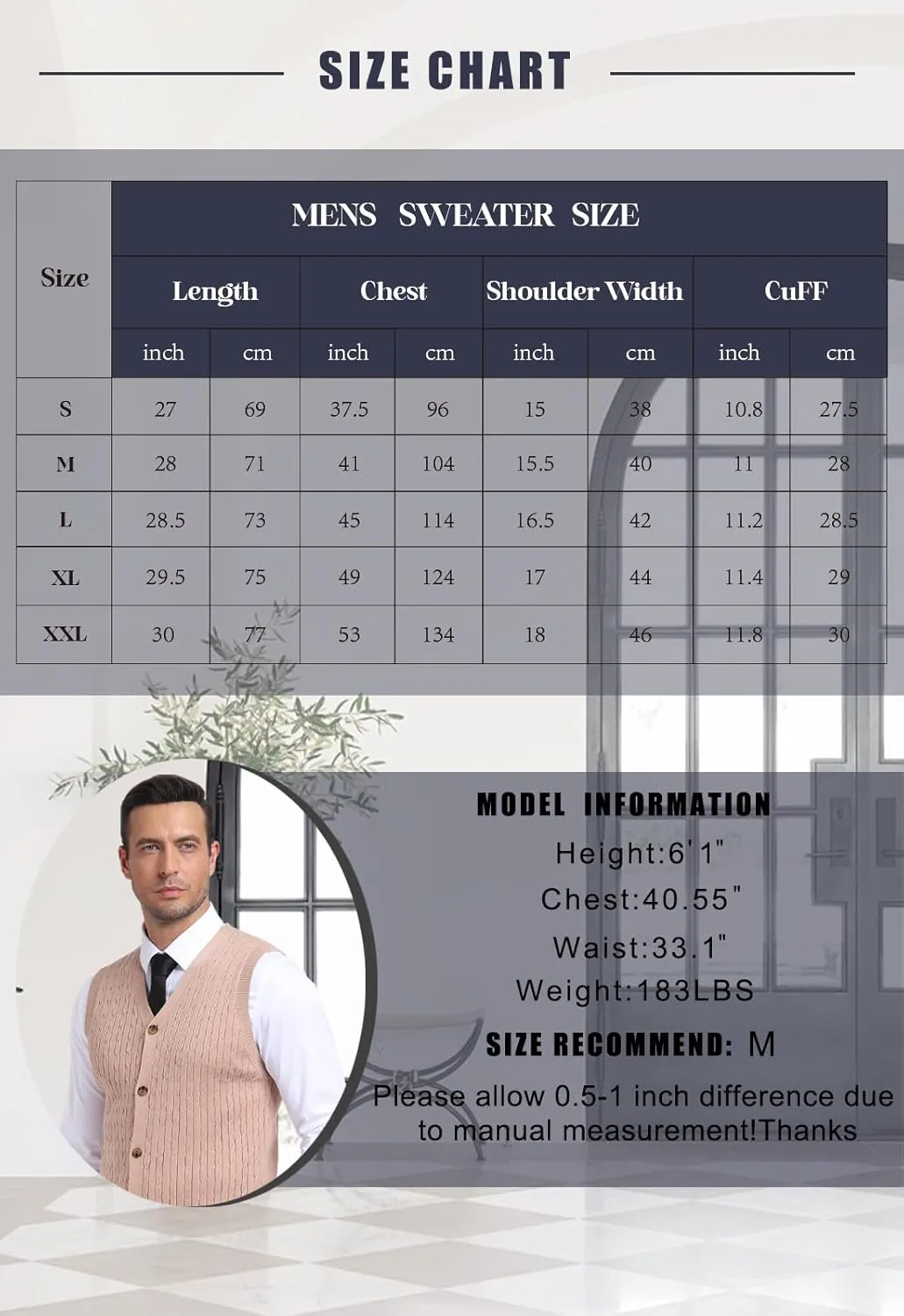 YTD Men's Sleeveless Sweater Vest V-Neck Casual Cable Knit Button Down Cardigan Vest