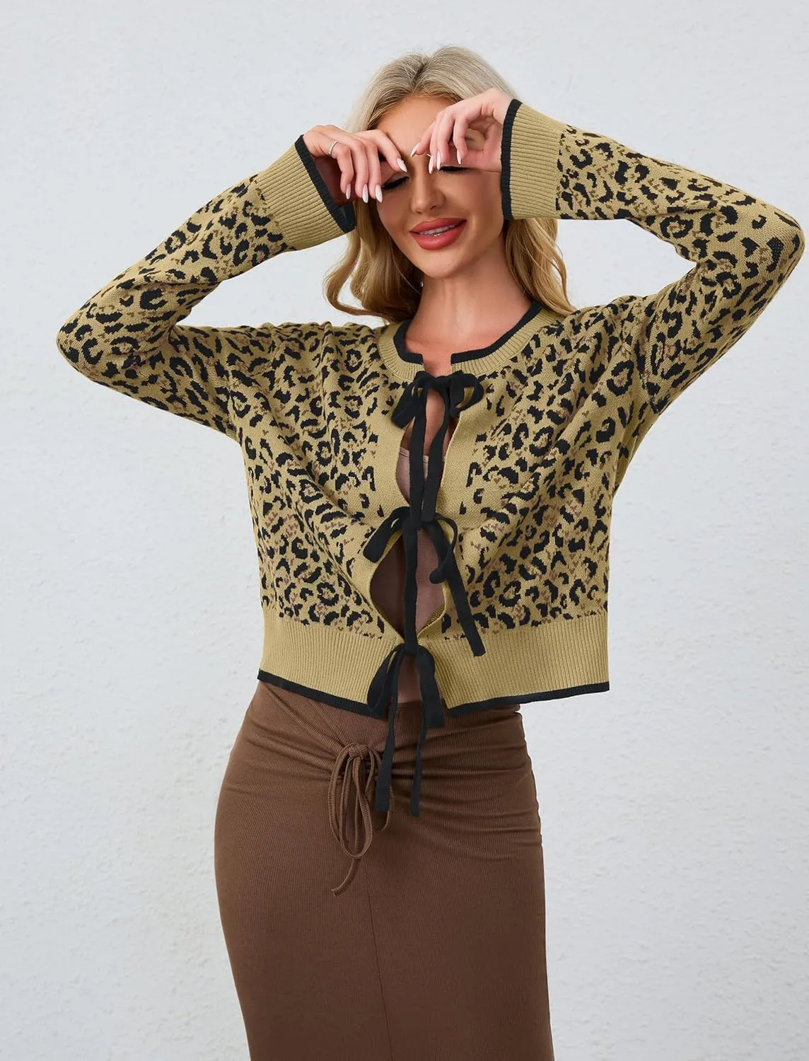 Ythomm Women Leopard Print Bow Tie Cardigan Sweaters Long Sleeve Crewneck Open Front Knit Cardigan Coats Casual Loose Outwear