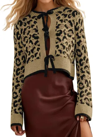 Ythomm Women Leopard Print Bow Tie Cardigan Sweaters Long Sleeve Crewneck Open Front Knit Cardigan Coats Casual Loose Outwear