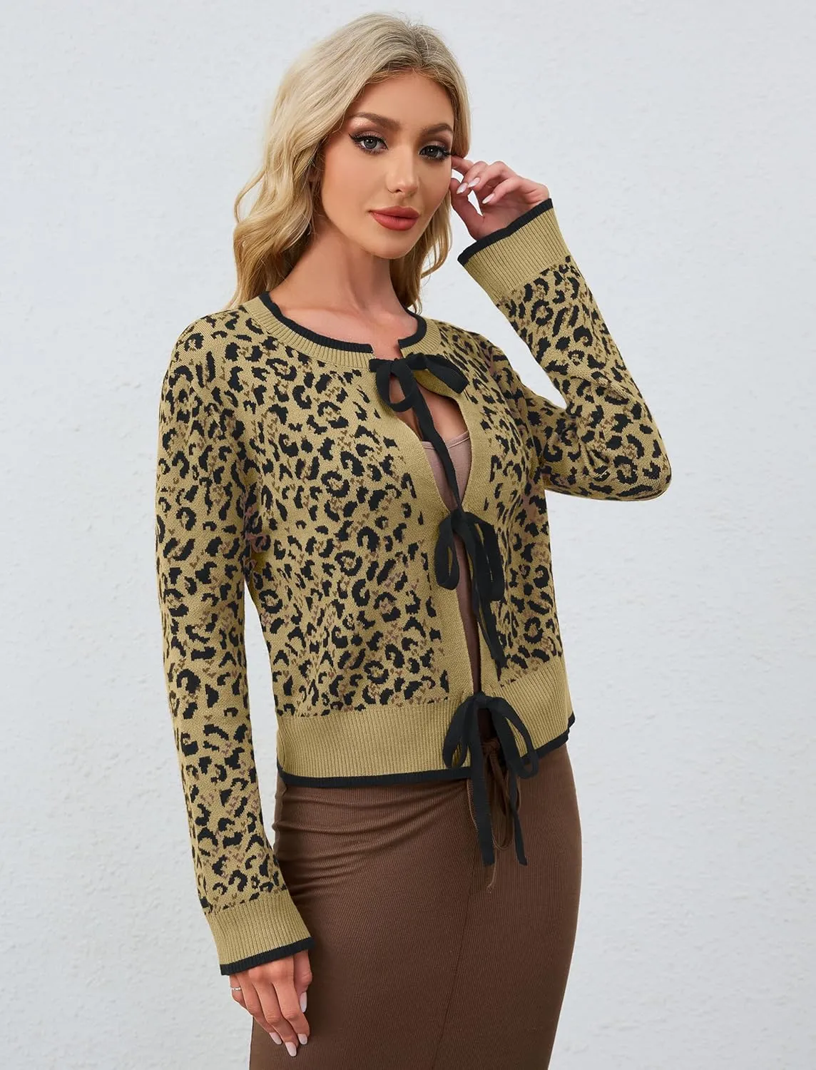 Ythomm Women Leopard Print Bow Tie Cardigan Sweaters Long Sleeve Crewneck Open Front Knit Cardigan Coats Casual Loose Outwear