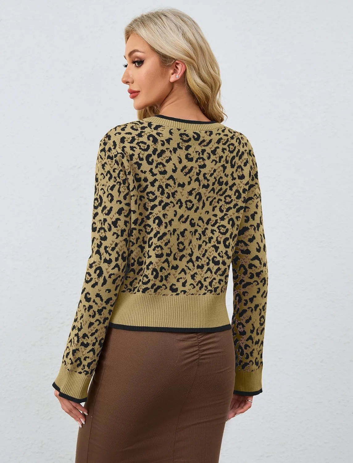 Ythomm Women Leopard Print Bow Tie Cardigan Sweaters Long Sleeve Crewneck Open Front Knit Cardigan Coats Casual Loose Outwear