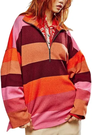 Yuemengxuan Women Y2k Striped Sweatshirts Quarter Zip Pullover Sweater Oversized Sweatshirt Hoodies Fall Fashion Outfits