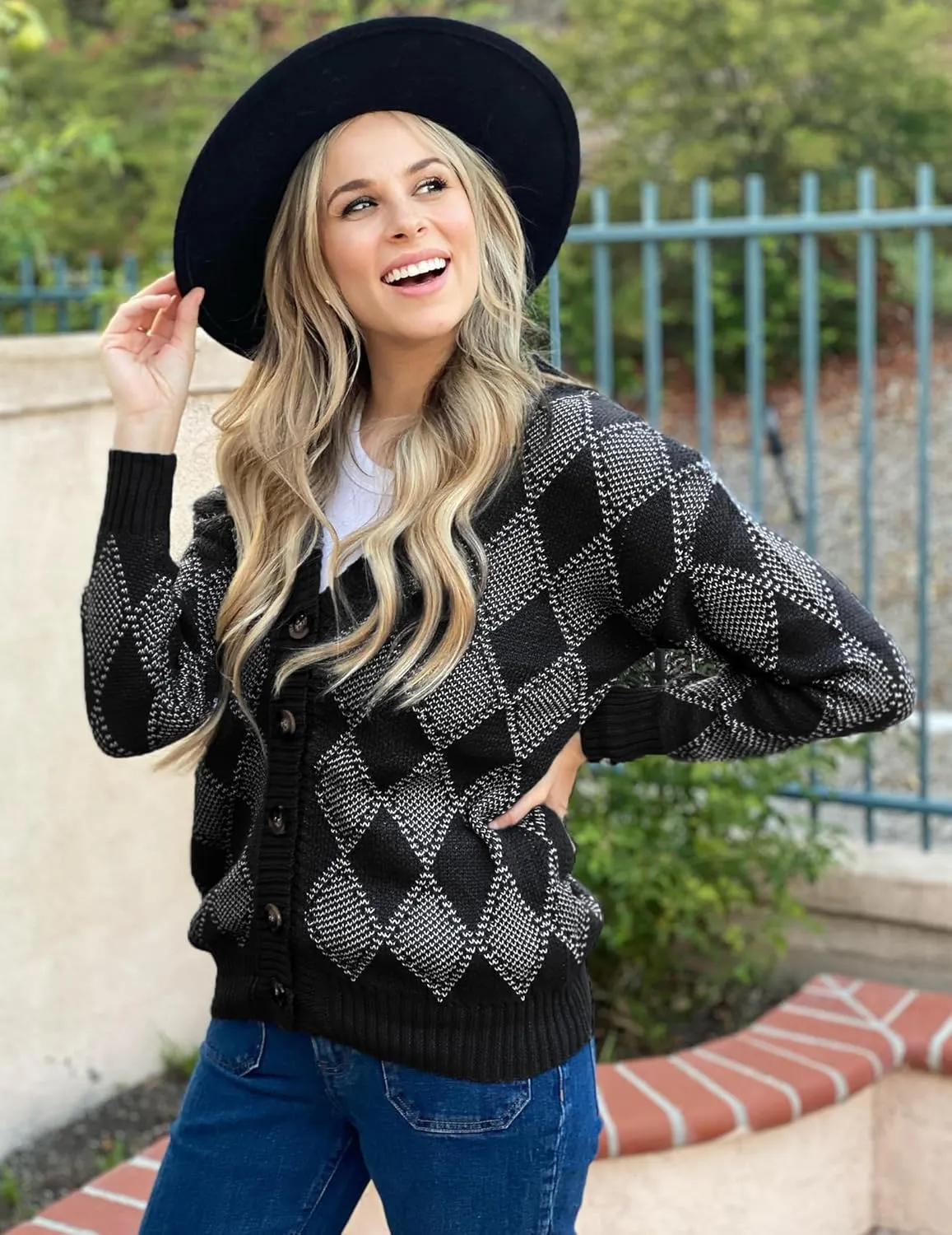 ZAFUL Women's Cardigan Sweaters Argyle Plaid Long Sleeve Button Down Preppy Oversized Chunky Knit Outerwear