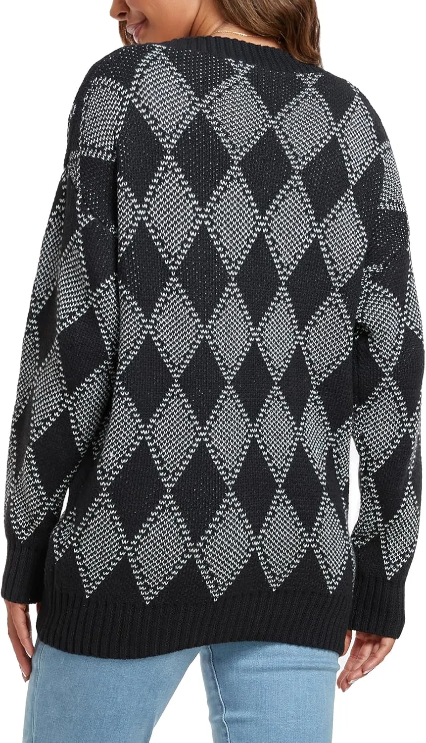 ZAFUL Women's Cardigan Sweaters Argyle Plaid Long Sleeve Button Down Preppy Oversized Chunky Knit Outerwear
