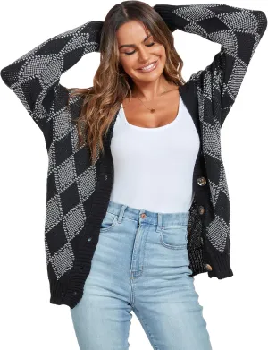 ZAFUL Women's Cardigan Sweaters Argyle Plaid Long Sleeve Button Down Preppy Oversized Chunky Knit Outerwear