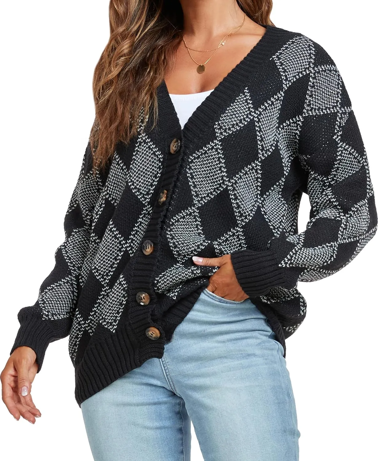 ZAFUL Women's Cardigan Sweaters Argyle Plaid Long Sleeve Button Down Preppy Oversized Chunky Knit Outerwear