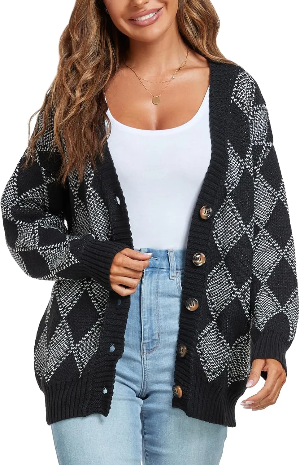 ZAFUL Women's Cardigan Sweaters Argyle Plaid Long Sleeve Button Down Preppy Oversized Chunky Knit Outerwear