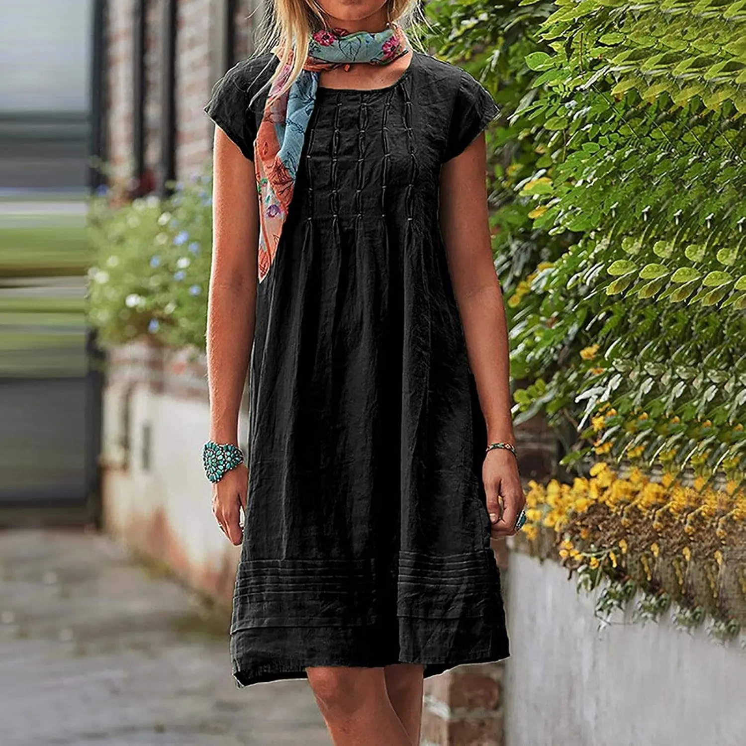 ZDRZK Midi Dresses for Women 2024 Casual Cotton Linen Summer Plus Size Sundresses Beach Vacation Loose Fit Flowy Dress