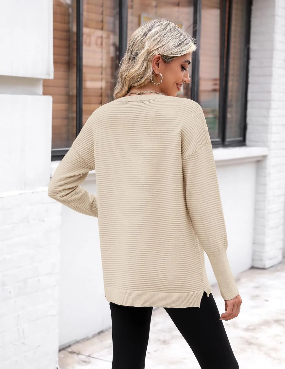 Zeagoo Women's 2025 Fall Sweaters Casual Long Sleeve Crew Neck Ribbed Knit Side Slit Pullover Sweater