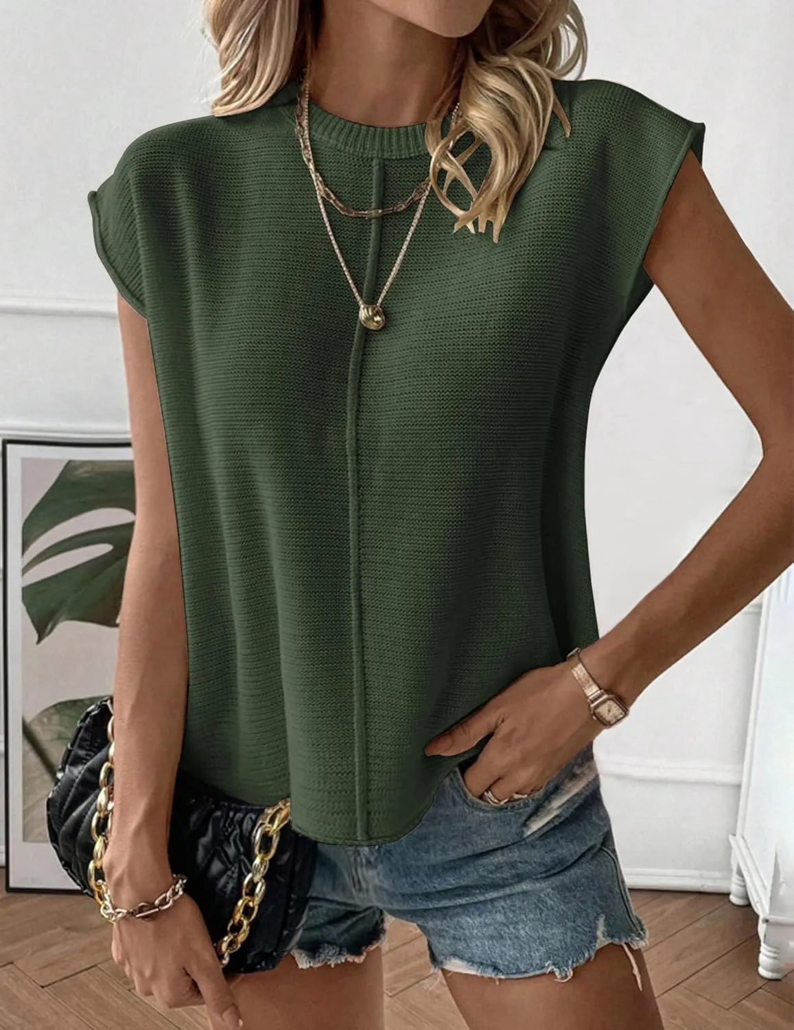 Zeagoo Women's Cap Sleeve Sweater Vest Crew Neck Sleeveless Casual Knit Tops 2024 Summer Clothes S-XXL