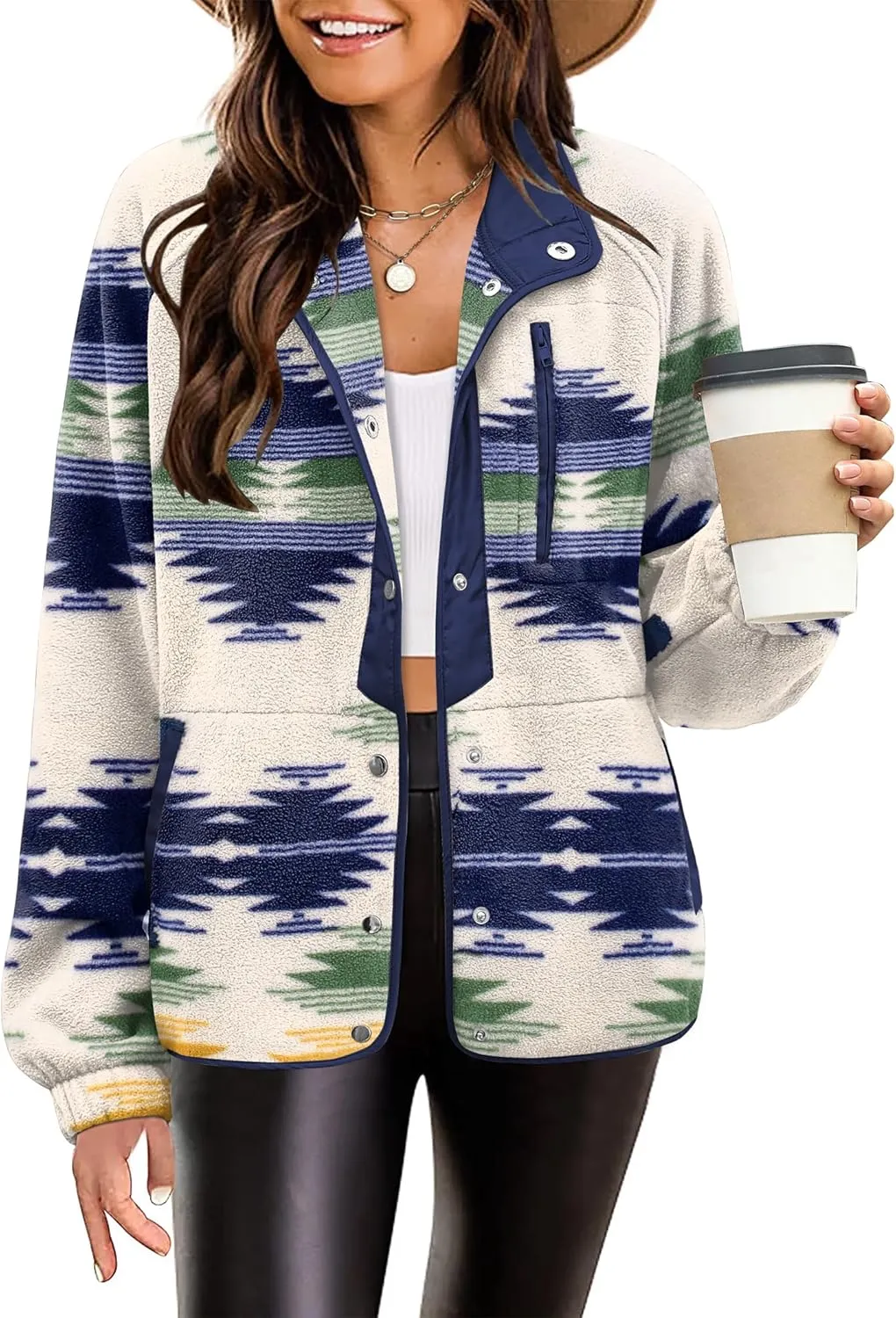 Zeagoo Women's Cozy Fleece Jacket Western Aztec Print Button Down Coat with Pockets Casual Warm Outwear 2024