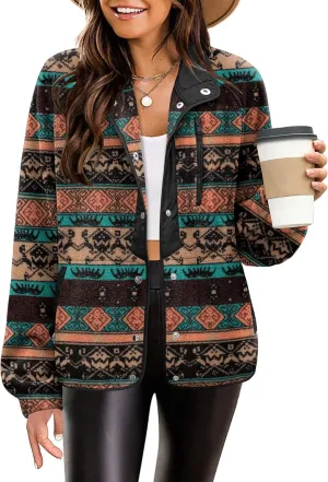 Zeagoo Women's Cozy Fleece Jacket Western Aztec Print Button Down Coat with Pockets Casual Warm Outwear 2024