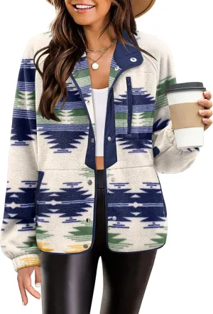 Zeagoo Women's Cozy Fleece Jacket Western Aztec Print Button Down Coat with Pockets Casual Warm Outwear 2024