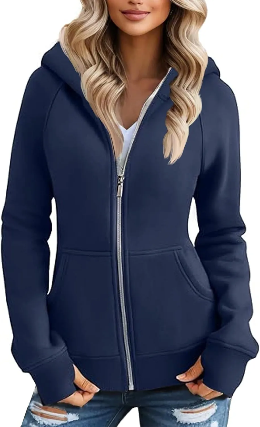 Zip Up Hoodie Women Comfy Warm Fleece Jacket Oversized Sweatshirt Thumb Hole Workout Winter Jackets Coat with Pocket