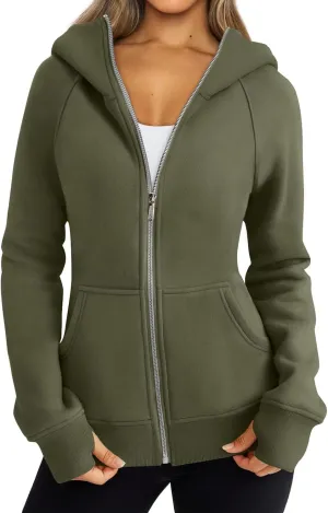 Zip Up Hoodies for Women Lightweigh Oversized Fleece Hoodie Jacket Long Sleeve Hooded Sweatshirt Fall Winter Clothes