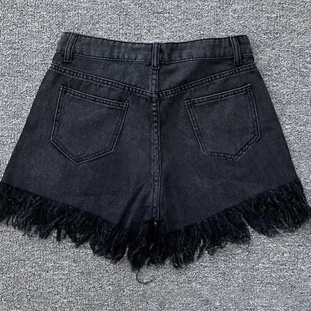 ZOCAVIA Womens Casual High Waisted Tassels Denim Shorts Glitter Sequin Fringe Shorts Summer Stretchy Raw Hem Short Pants