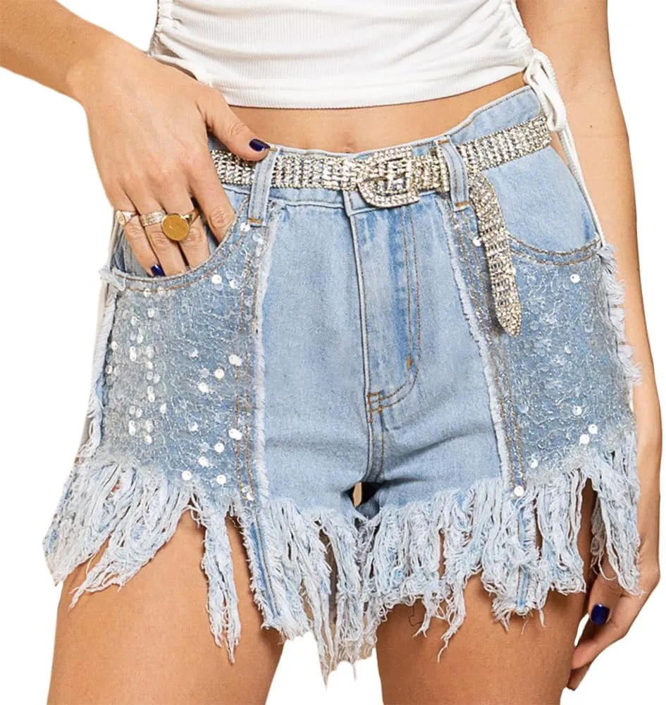 ZOCAVIA Womens Casual High Waisted Tassels Denim Shorts Glitter Sequin Fringe Shorts Summer Stretchy Raw Hem Short Pants