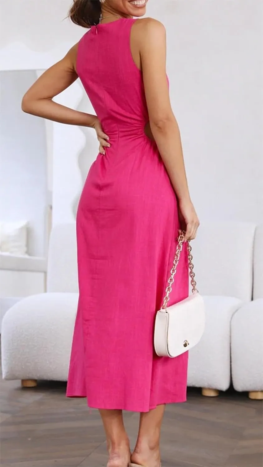 ZWRXW Long Linen Dress for Women Cutout Waist Slit Maxi Dress Summer Casual Crewneck Sleeveless Tank Dress Work Office Dress