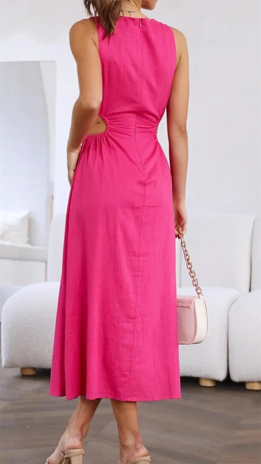 ZWRXW Long Linen Dress for Women Cutout Waist Slit Maxi Dress Summer Casual Crewneck Sleeveless Tank Dress Work Office Dress