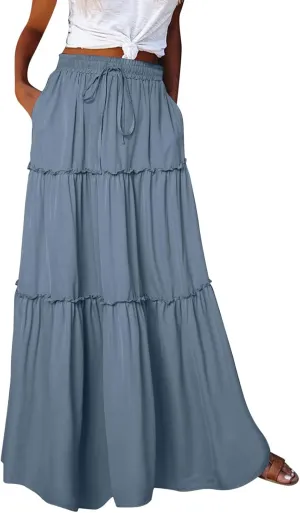 ZYXTIM Women's 2025 Boho Skirt E Elastic High Waist Pleated A-Line Flowy Swing Dresses Print Casual Summer Beach Long Skirts