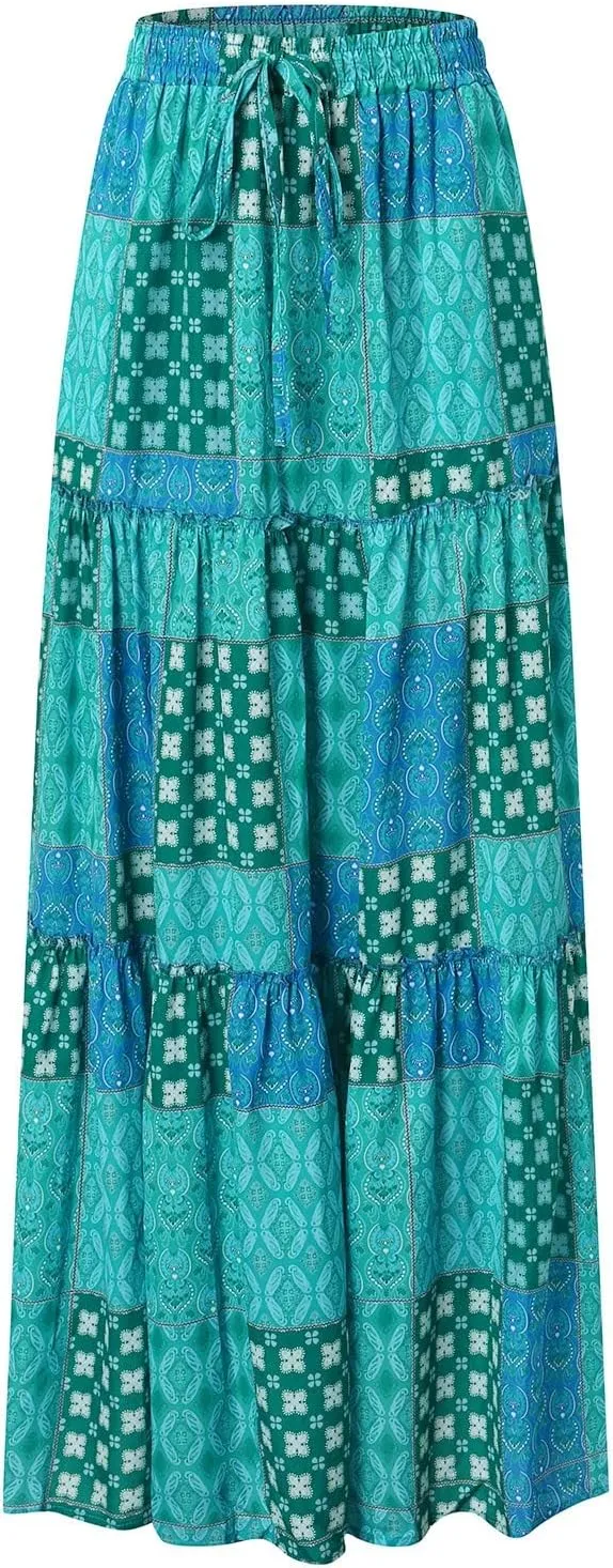 ZYXTIM Women's 2025 Boho Skirt E Elastic High Waist Pleated A-Line Flowy Swing Dresses Print Casual Summer Beach Long Skirts
