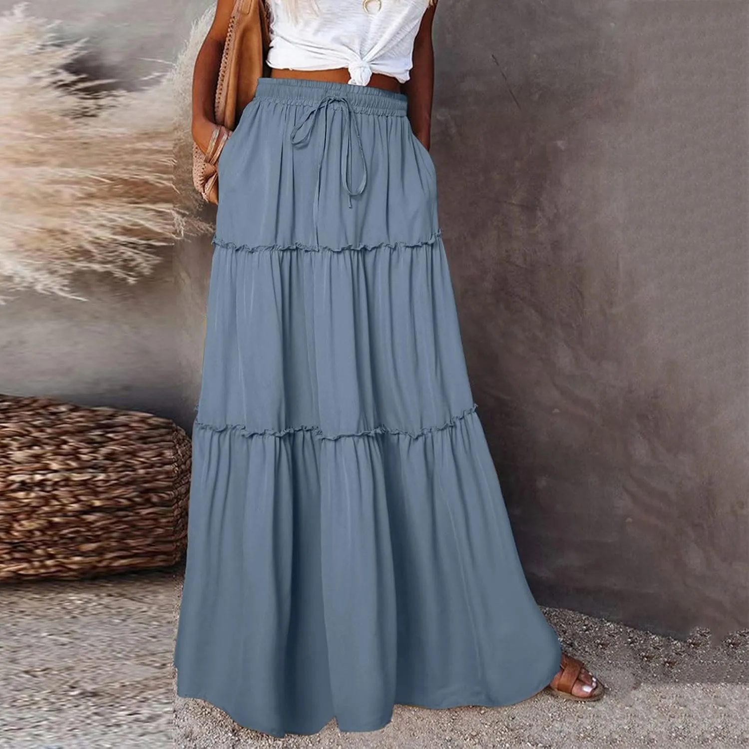 ZYXTIM Women's 2025 Boho Skirt E Elastic High Waist Pleated A-Line Flowy Swing Dresses Print Casual Summer Beach Long Skirts