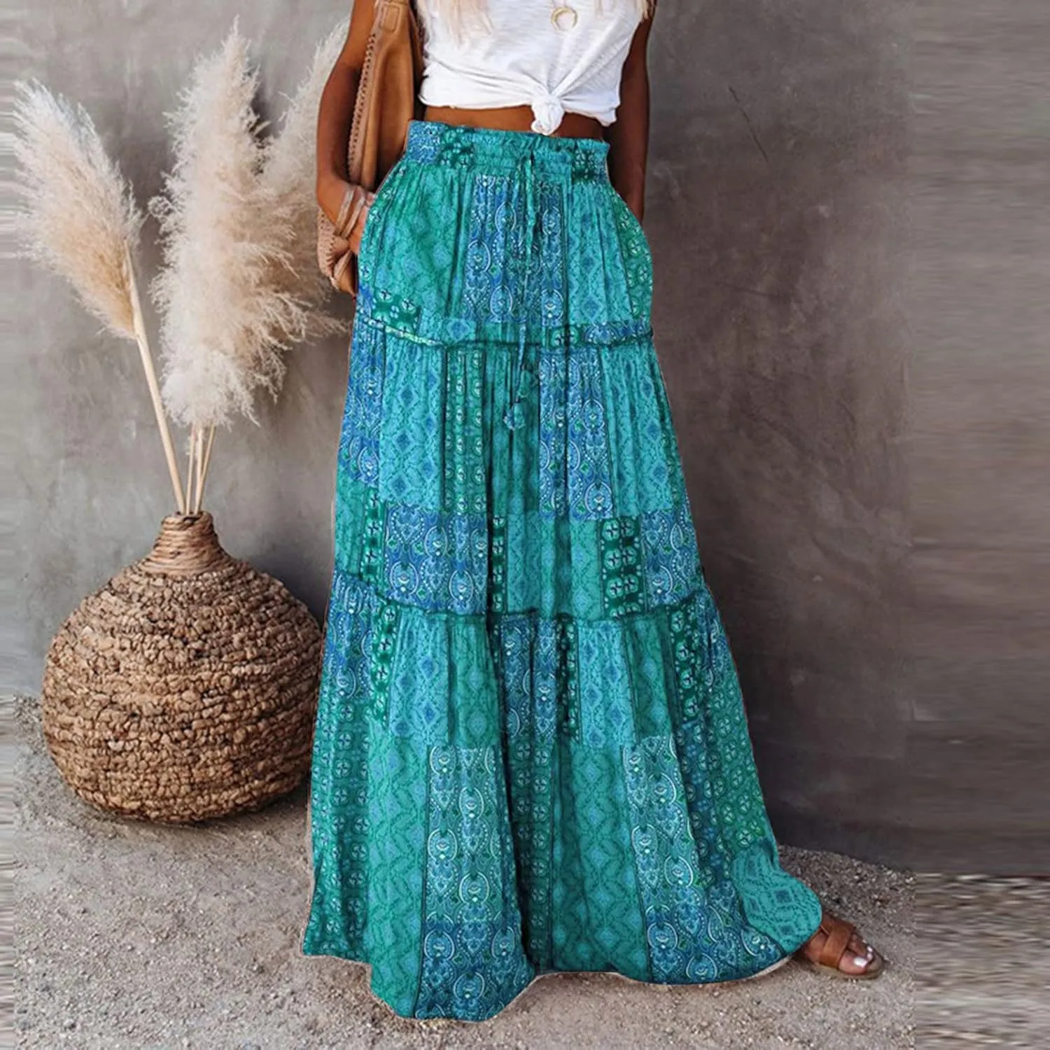ZYXTIM Women's 2025 Boho Skirt E Elastic High Waist Pleated A-Line Flowy Swing Dresses Print Casual Summer Beach Long Skirts