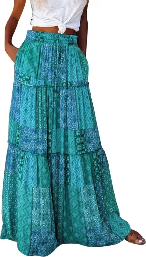ZYXTIM Women's 2025 Boho Skirt E Elastic High Waist Pleated A-Line Flowy Swing Dresses Print Casual Summer Beach Long Skirts